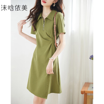 【简约气质连衣裙】夏季翻领短袖压褶显瘦设计连衣裙绿色XL	